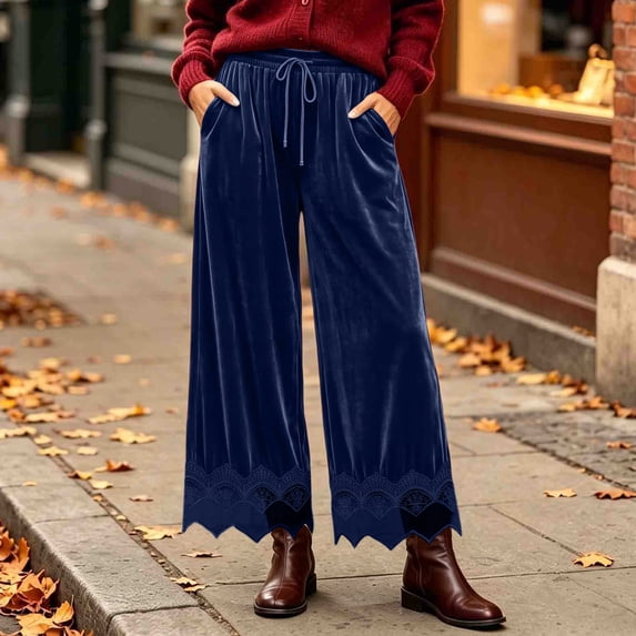 Karymi Jean Shorts Solid Velvet Wide Leg Long Pants, Elastic Drawstring High Waist Trousers, Hollow Lace Scalloped Hem Side Pockets Palazzo Pants Women's Shorts