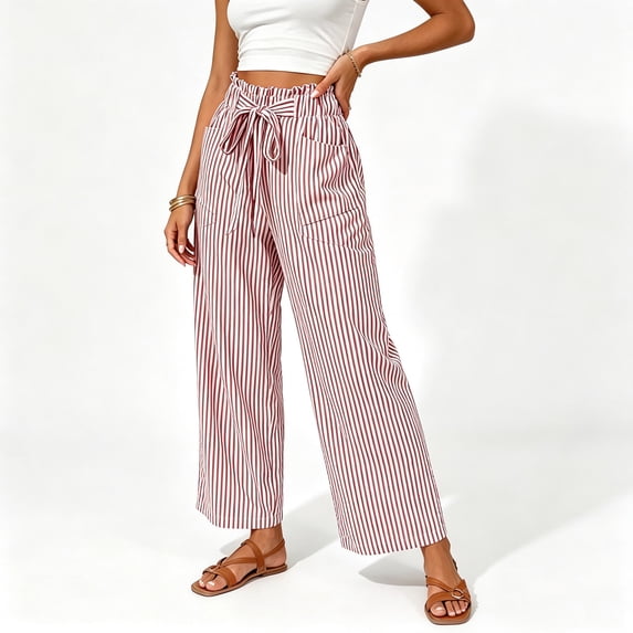 Karymi Jean Shorts Vertical Striped Long Wide Leg Pants, Ruffled Elastic Drawstring High Waist Trousers with Casual Patch Pocket Jean Shorts Womens