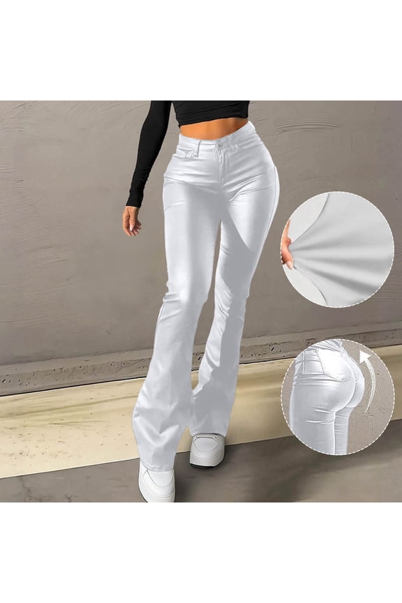 Jean Shorts Womens High Waist Faux Leather Flare Pants, Solid Stretch PU Bootcut Trousers, Butt Lifting Slim Five Pocket Y2K Streetwear Night Out Pants Wide Leg Pants Woman