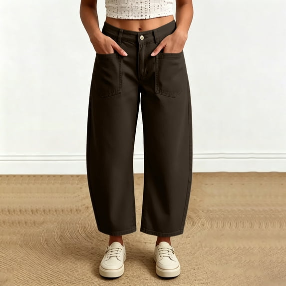 Karymi Jean Shorts Womens Solid Single Button Zipper Fly High Waist Barrel Cropped Pants, Front Patch Pocket Loose Curved Wide Leg Trousers Capri Pants for Women