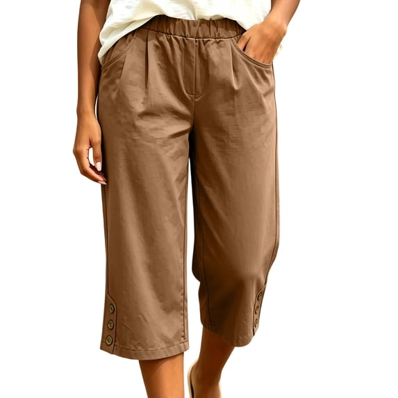 Karymi Jeans for Women Elastic Waist Capri Pants, Casual Cropped Wide Leg Pants with Pockets and Button Hem, Pull-On Calf Length Trousers Shorts for Women