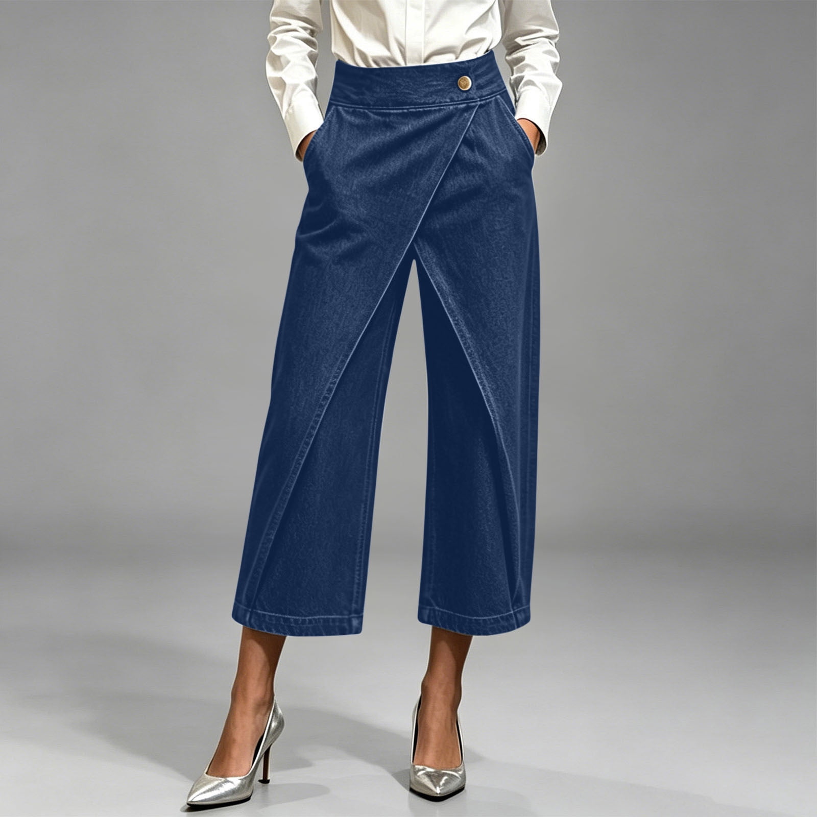 Karymi Women Clothing High Waist Wrap Front Denim Culottes, Casual