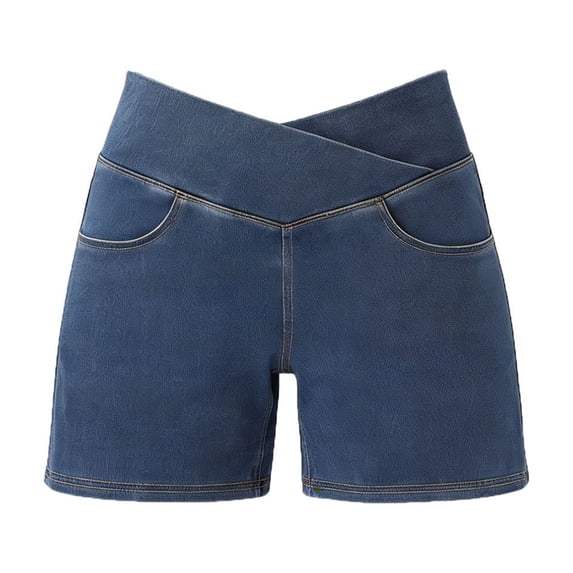 Karymi Jeans for Women High Waisted Faux Denim Shorts, Cross V-Waist Elastic Waist Casual Shorts with Pockets, Solid Stretchy Pull-On Bermuda Shorts Jean Shorts