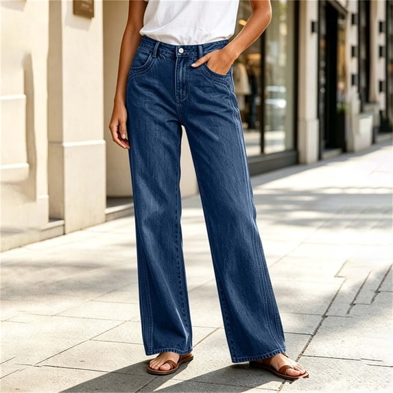 Karymi Jeans for Women Solid Denim Straight Leg Jeans, Button Zipper Fly High Waist Wide Floor-Length Denim Long Pants with Front Slant Pockets, Pants for Women