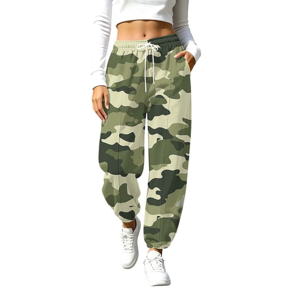 Karymi Jeans for Women Camo Printed Joggers, Elastic Drawstring Waist Sweatpants with Hand Pockets, Elastic Cuffed Ankle Daily Sports Pants