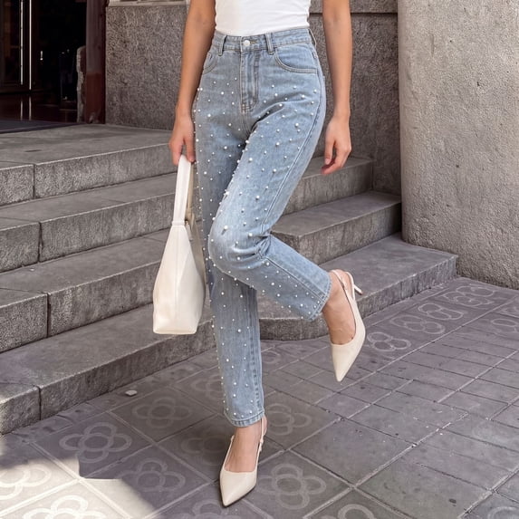 Karymi Jeans for Women Mid Rise Straight Leg, Pearls Embellished Denim Ankle Pants with Pockets
