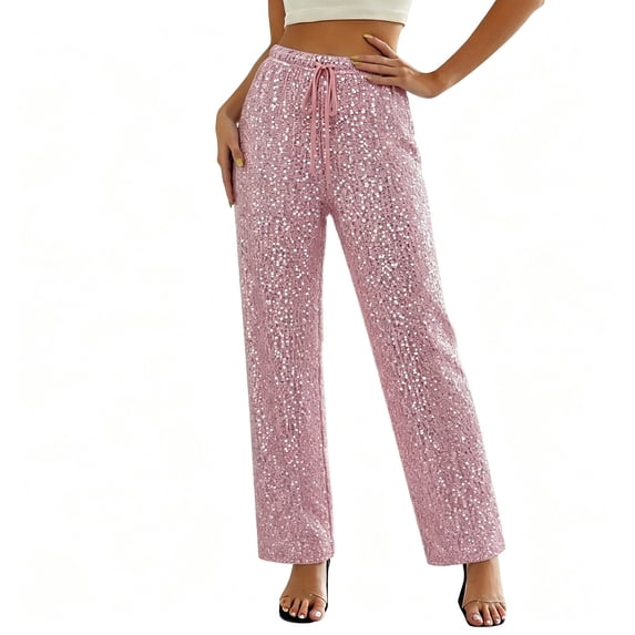 Karymi Jeans for Women Sequin Wide Leg Pants, Drawstring Elastic High Waist Straight Ankle Trousers, Sparkly Party Casual Long Pants