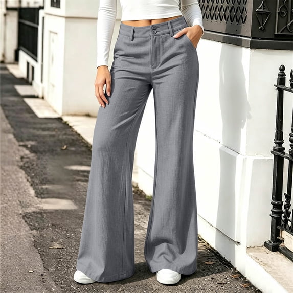 Karymi Jeans for Women Solid Double Button Zip Fly Flare Pants, High Waist Casual Bootcut Trousers with Pockets