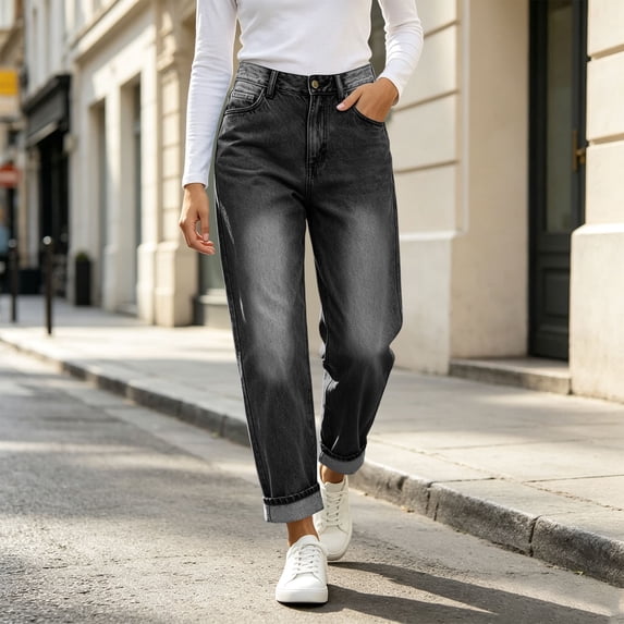 Karymi Jeans for Women Vintage Loose Straight, High Waist Denim Long Pants, Roll Cuff Wide Leg Trousers with Pockets