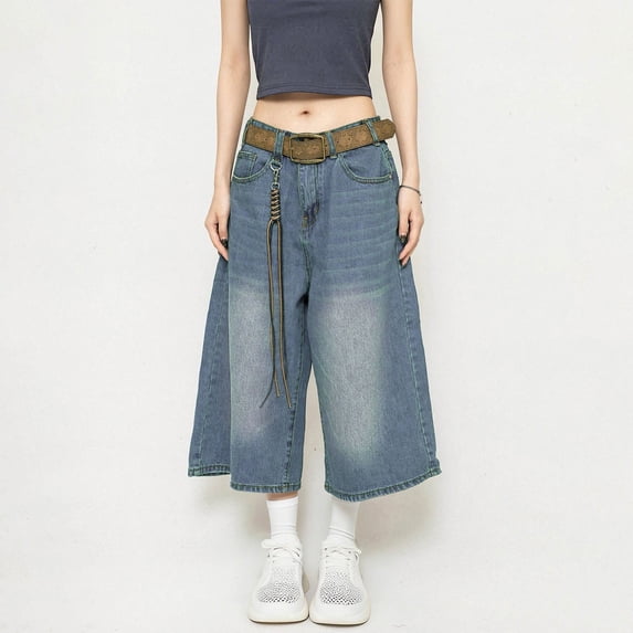 Karymi Jeans for Women Vintage Washed Denim Capri Pants, Loose Wide Leg Cropped Jeans with Pockets