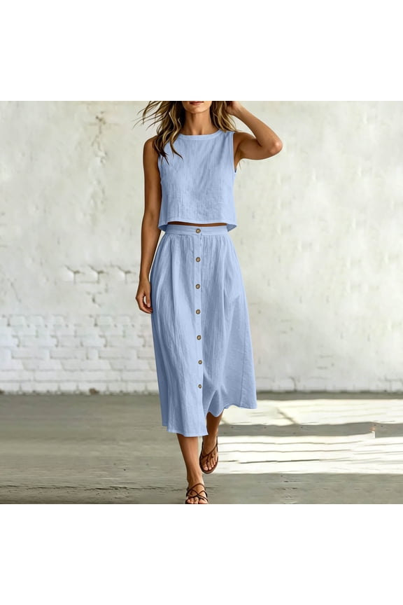 Jumpsuits for Women Dressy 2 Piece Outfit, Crew Neck Sleeveless Crop Tank Top & High Waist Button Front Midi Skirt with Pockets, Solid Summer Set Workout Sets for Women