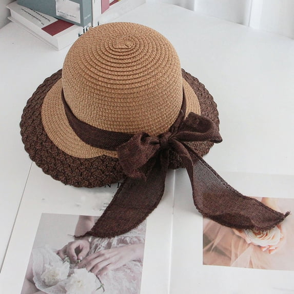 Karymi Kentucky Derby Hats for Women Two-Tone Crochet Straw Bucket Hat, Contrast Scalloped Brim with Linen Bowknot Ribbon, Protection Sun Summer Beach Hat Golf Hat