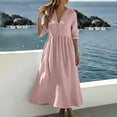 thumbnail image 1 of Karymi Lace Trim Midi Dress, V-Neck 3/4 Sleeve A-Line Casual Flowy Dress, Solid Color Summer Boho Beach Dress Spring Dresses, 1 of 9