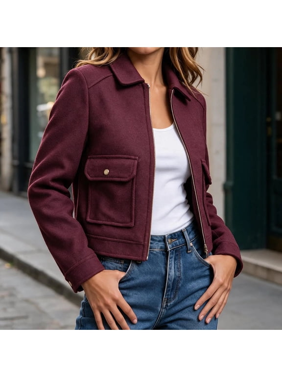 Karymi Long Sleeve Lapel Solid Zip Up Cropped Jackets for Women, Flap Patch Pockets with Snap Buttons