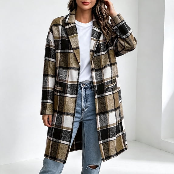 Karymi Loose Mid‑Length Plaid Wool‑Blend Jackets for Women, Notched Lapel Button‑Up Long Sleeve Woolen Overcoat with Pockets