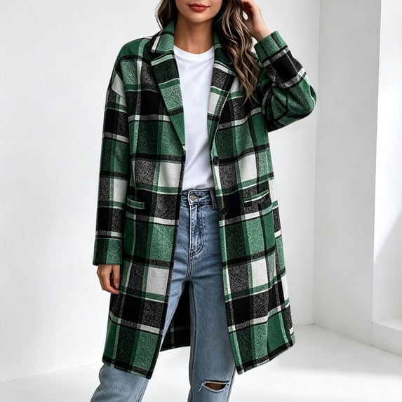 Karymi Loose Mid‑Length Plaid Wool‑Blend Jackets for Women, Notched Lapel Button‑Up Long Sleeve Woolen Overcoat with Pockets