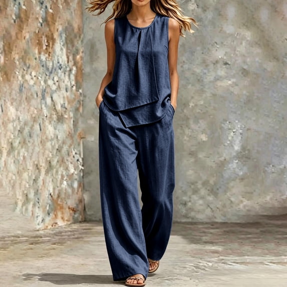 Karymi Lounge Sets for Women Two Piece Outfit Set, Crew Neck Sleeveless Asymmetric Layered Tank Top, High Waist Wide Leg Pants with Pockets