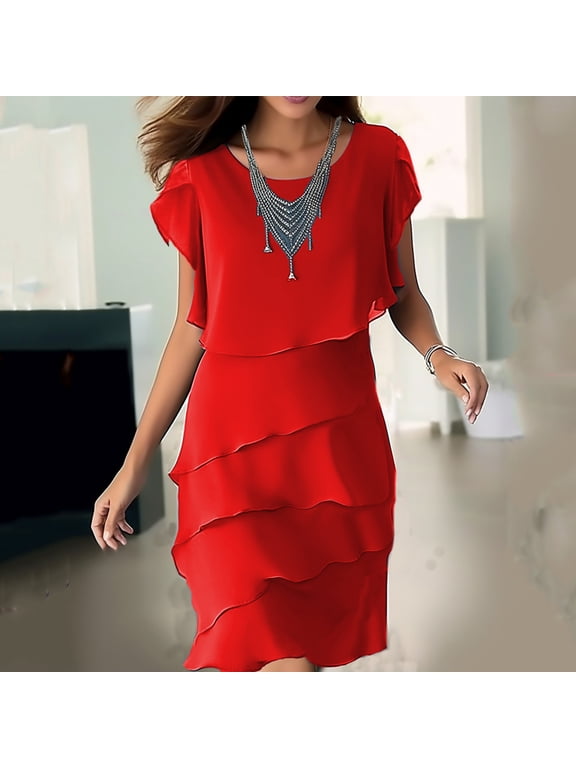 Maxi Dress Chiffon Cocktail Dress, Round Neck Ruffle Sleeve Tiered Layered Midi Dress, Bodycon Party Dress for Wedding Guest, Evening Event Womens Dresses