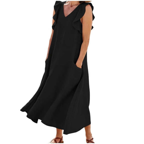 Karymi Maxi Dress Fake Cotton Linen Sleeveless Maxi Dress, V-Neck Ruffle Strap Loose A-Line Swing Dress with Pockets, Casual Solid Flowy Dress Spring Dresses for Women 2026