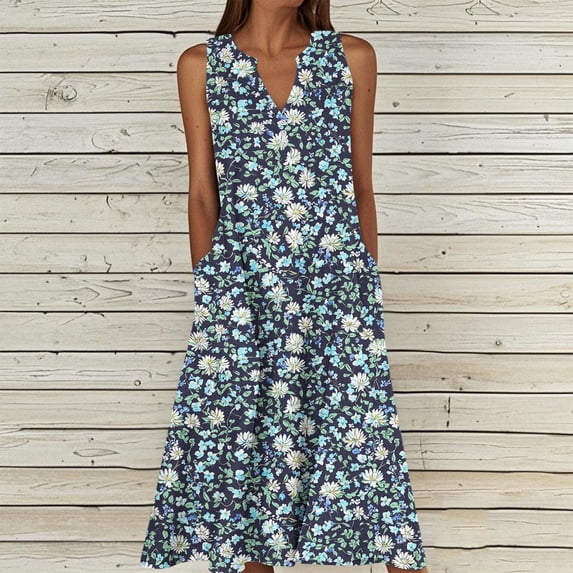 Karymi Maxi Dress Floral Print Sleeveless Midi Dress, Notch Neck and Button Detail Casual Loose Shift Dress for Daily Summer Vacztion Wear Maxi Dresses for Women