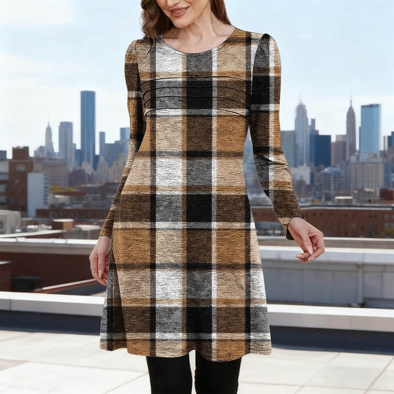 Karymi Maxi Dress Plaid A Line Tunic Dress, Crew Neck Ruched Bust Long Sleeve Loose Flare Mini Dress With Side Pockets Fall Casual Dress Dresses for Women
