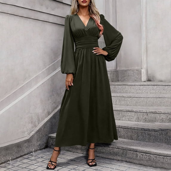 Karymi Maxi Dress Satin Wrap V Neck Maxi Dress, Long Balloon Lantern Sleeve Ruched Empire Waist Flowy A Line Long Dress