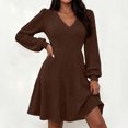 thumbnail image 1 of Karymi Maxi Dresses for Women Brushed Ribbed Knit Mini Dress Deep V Neck Lantern Long Sleeve High Waist Flared Ruffle Hem Casual Fall Short Dress, 1 of 8