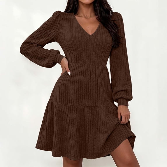 Karymi Maxi Dresses for Women Brushed Ribbed Knit Mini Dress Deep V Neck Lantern Long Sleeve High Waist Flared Ruffle Hem Casual Fall Short Dress