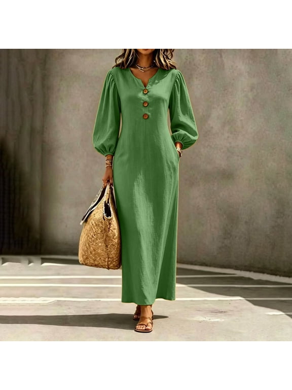 Maxi Dresses for Women Solid Split V Neck 3/4 Puff Sleeve Maxi Dress, Wooden Button Front Loose Fit Vacation Daily Dress with Side Pockets