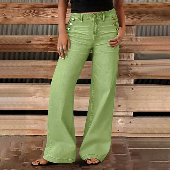 Karymi Mid‑Rise Wide‑Leg Jeans for Women, Decor Side Button Stretch Full‑Length Denim Pants with Pockets