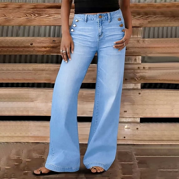 Karymi Mid‑Rise Wide‑Leg Jeans for Women, Decor Side Button Stretch Full‑Length Denim Pants with Pockets