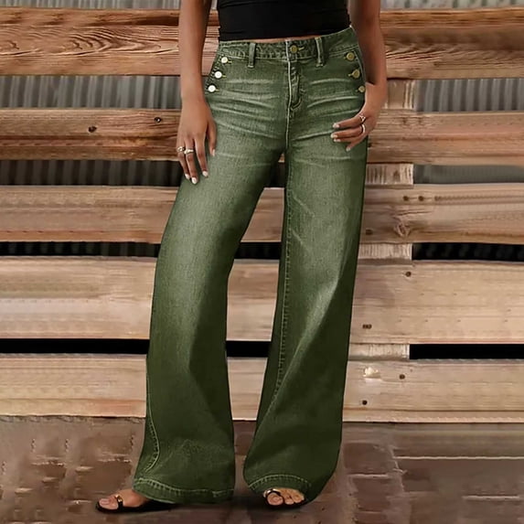 Karymi Mid‑Rise Wide‑Leg Jeans for Women, Decor Side Button Stretch Full‑Length Denim Pants with Pockets