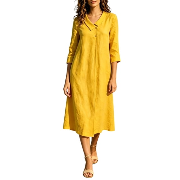 Karymi Midi Dress, Lapel V Neck Wooden Button Decor 3/4 Sleeve Casual Shift Dress Maxi Dresses for Women