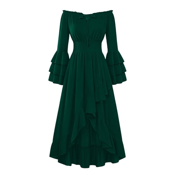 Karymi Off Shoulder Maxi Dress, Ruffle Trim Drawstring Tiered Bell Sleeve Smocked Waist Irregular Ruffle Flowy Halloween Party Gown Womens Dresses
