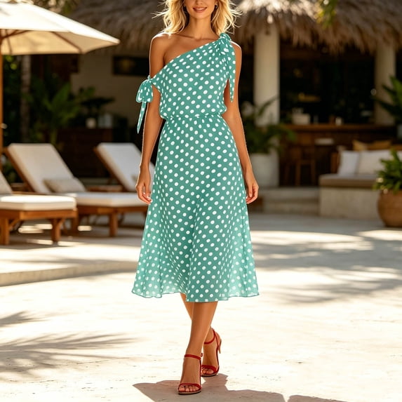 Karymi One Shoulder Polka Dot Midi Dress, Tie Strap Off Shoulder Flowy Chiffon Long Dress, Summer Casual Party Vacation Dress Spring Dresses for Women 2026