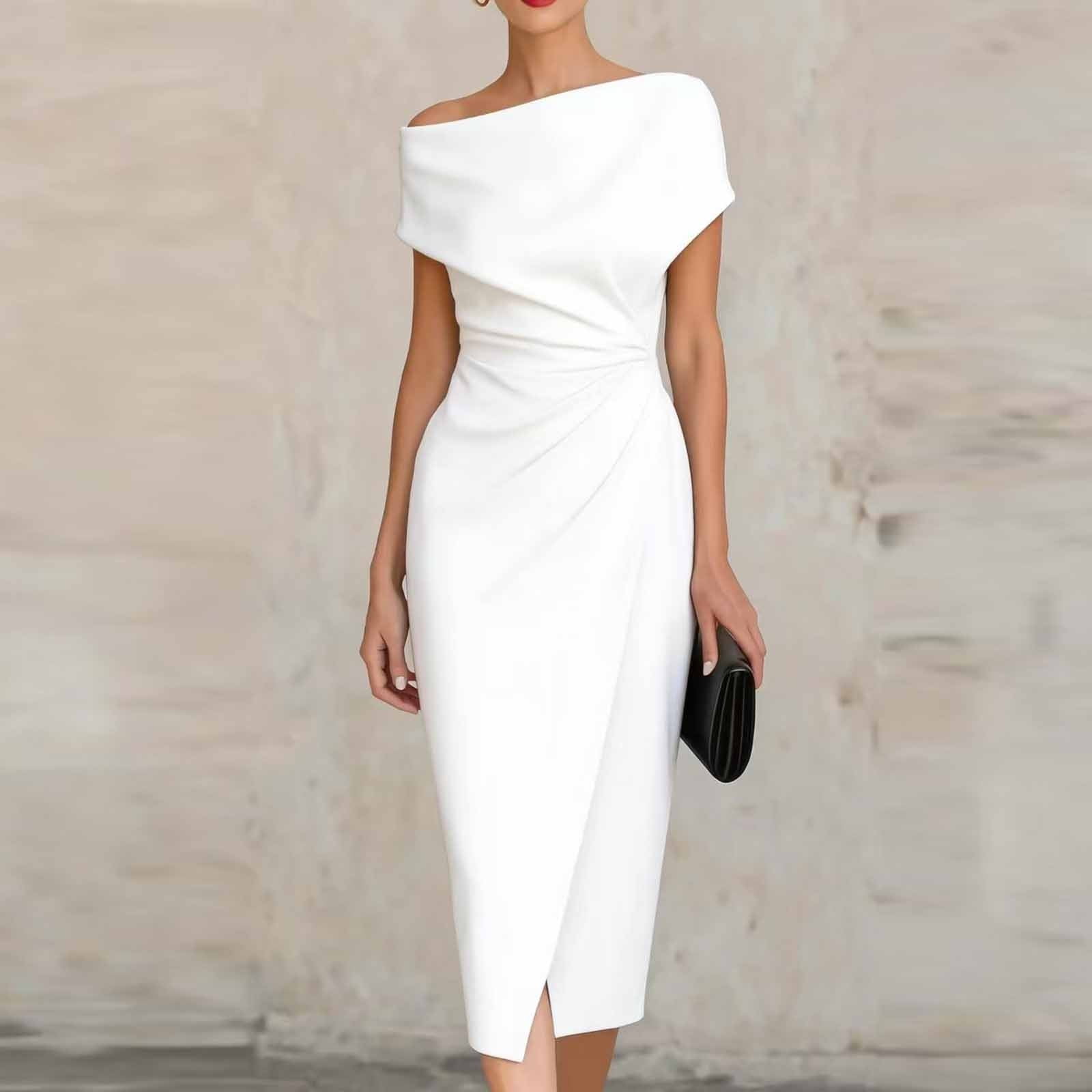 Karymi One Shoulder Ruched Midi Dress, Elegant Solid Asymmetrical Neckline Bodycon Dress with Slit, Formal Cocktail & Office Party Spring Dresses for