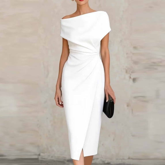 Karymi One Shoulder Ruched Midi Dress, Elegant Solid Asymmetrical Neckline Bodycon Dress with Slit, Formal Cocktail & Office Party Womens Dresses