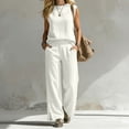 thumbnail image 1 of Karymi Overalls for Women 2 Piece Solid Beach Outfit Set, Crew Neck Sleeveless Tank Top+High Waist Wide Leg Pants with Side Pockets & Button Slit Hem Womens Tops, 1 of 7
