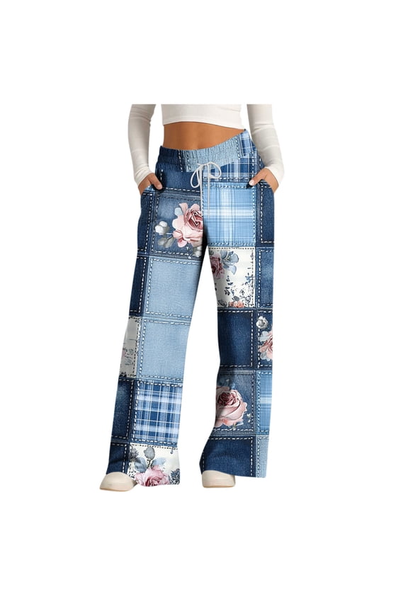 Pant Suits for Women Dressy Fashion Wide-Leg Flower Print Long Stretchy Loose Palazzo Pants Confy String Trousers With Pockets Quick Dry Lounge Pants Summer Trousers 2026