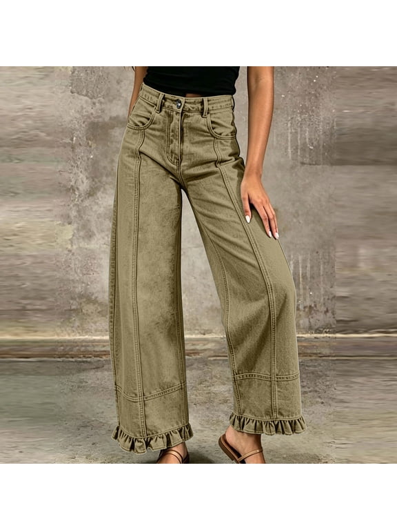 Pants for Women High Waist Wide Leg Jeans, Light Wash Denim Pants with Stitch Panel and Ruffle Hem, Casual Cropped Barrel Trousers with Pockets Jean Shorts