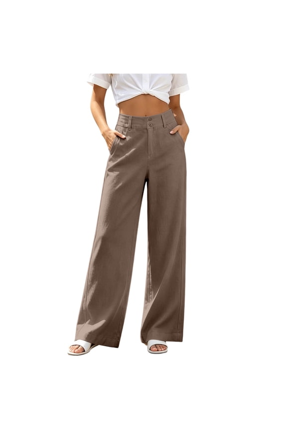 Pants for Women Solid Fake Cotton Linen Double Button Zip Fly High Waist Wide Leg Full Length Palazzo Trousers with Front Slant Pockets Athletic Shorts for Women