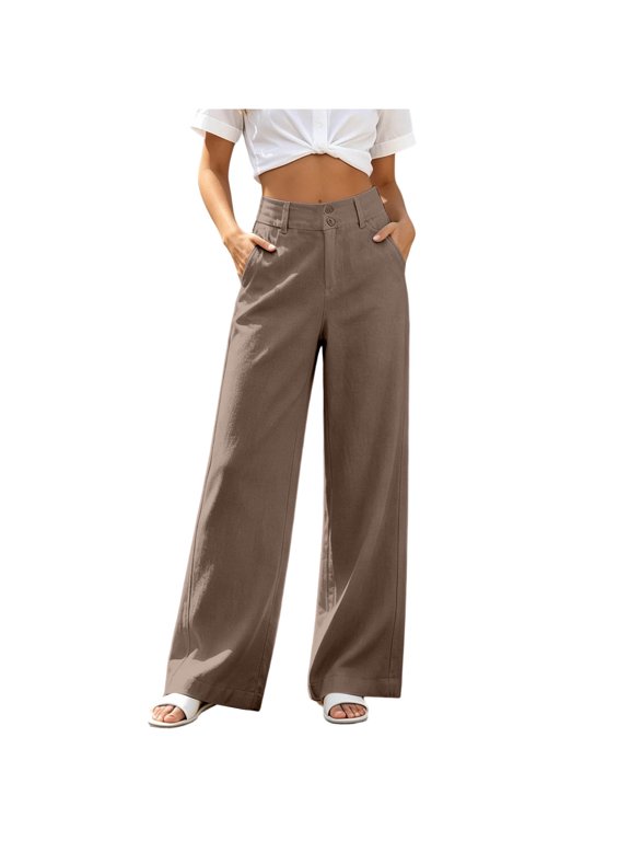Pants for Women Solid Fake Cotton Linen Double Button Zip Fly High Waist Wide Leg Full Length Palazzo Trousers with Front Slant Pockets Athletic Shorts for Women