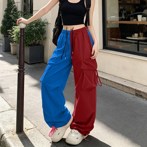 Karymi Pants for Women Two-Tone Color Block Cargo Pants, Elastic Drawstring High Waist Multi Pockets Adjustable Cuff Baggy Wide Leg Streetwear Trousers