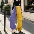 thumbnail image 1 of Karymi Pants for Women Two-Tone Color Block Cargo Pants, Elastic Drawstring High Waist Multi Pockets Adjustable Cuff Baggy Wide Leg Streetwear Trousers, 1 of 7