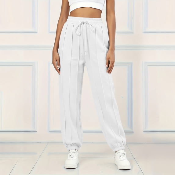 Karymi Pants for Women Vertical Seam Jogger Sweatpants, Adjustable Drawstring Elastic Waist, Side Pockets, Elastic Ankle Cuffs Loose Fit Solid Trousers