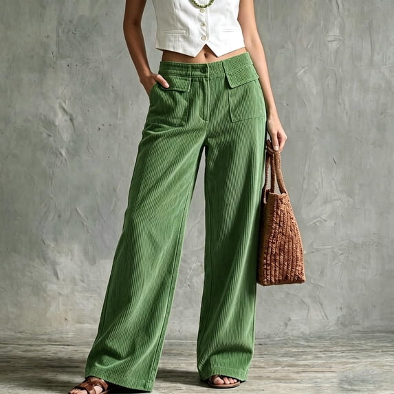 Karymi Pants for Women, Corduroy Wide Leg Pants, High Waist Button Zipper Straight Trousers with Flap Patch Pockets Vintage Casual Bottoms