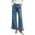thumbnail image 1 of Karymi Pants for Women High Waist Flared Jeans, Ruffle Hem Wide Leg Denim Pants with Big Patch Pockets, 1 of 9