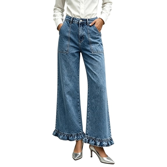 Karymi Pants for Women High Waist Flared Jeans, Ruffle Hem Wide Leg Denim Pants with Big Patch Pockets