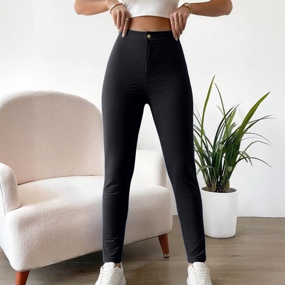 Karymi Pants for Women High Waist Stretch Skinny Pants, Button Closure Solid Casual Slim Fit Long Trousers