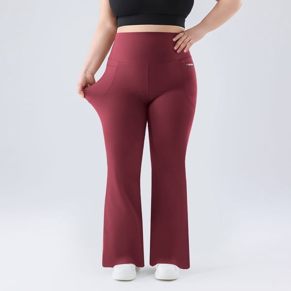 Karymi Pants for Women Plus Size Solid High Waist Tummy Control Flared Yoga Pants, Wide Flare Hem Stretch Workout Leggings with Side Pockets